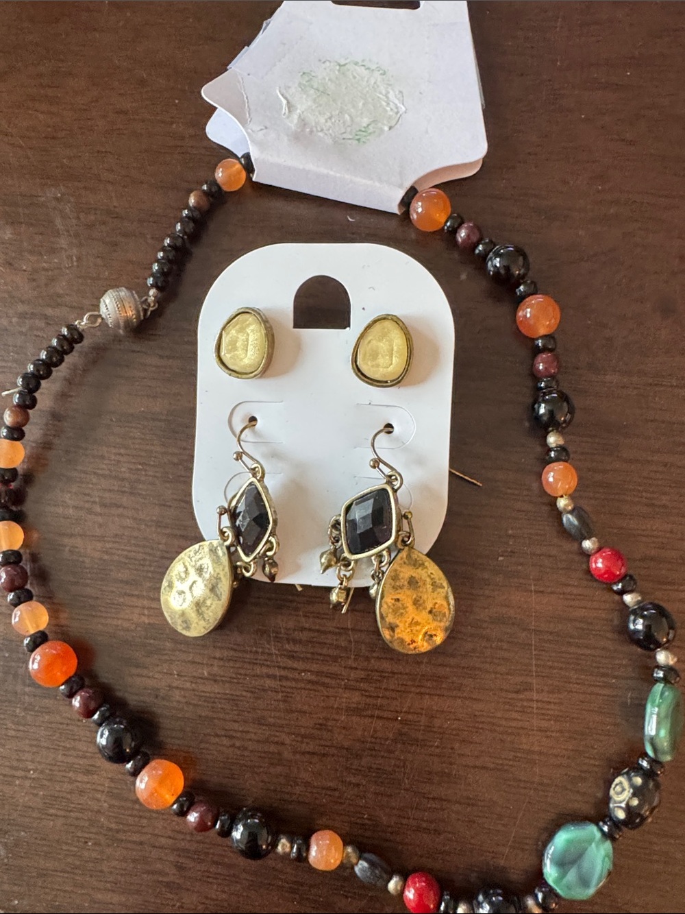Gold-Tone and Black Drop Earrings with Gold Bead Necklace - Women's Jewelry